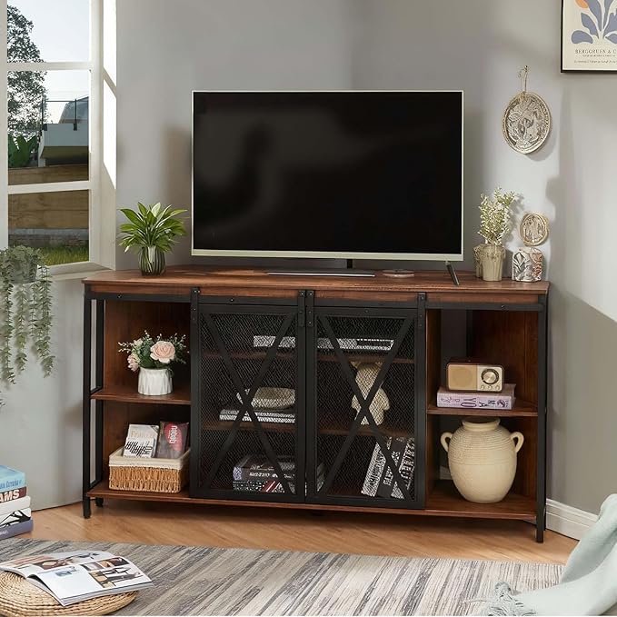 HOMISSUE Corner TV Stand for 55 Inch TV Rustic Corner Entertainment Center with Storage Industrial Media Console Table with Sliding Barn Door Tall TV Cabinets Center for Living Room Brown