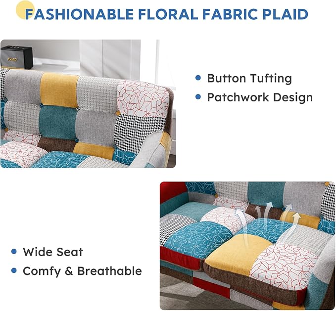 Bonzy Home Modern Boho Loveseat Couch Sofa Chair for Living Room Bedroom Upholstered Colorful Plaid Fabric 2-Seat Love Seat Sofa with Wood Leg for Small Space One Loveseat