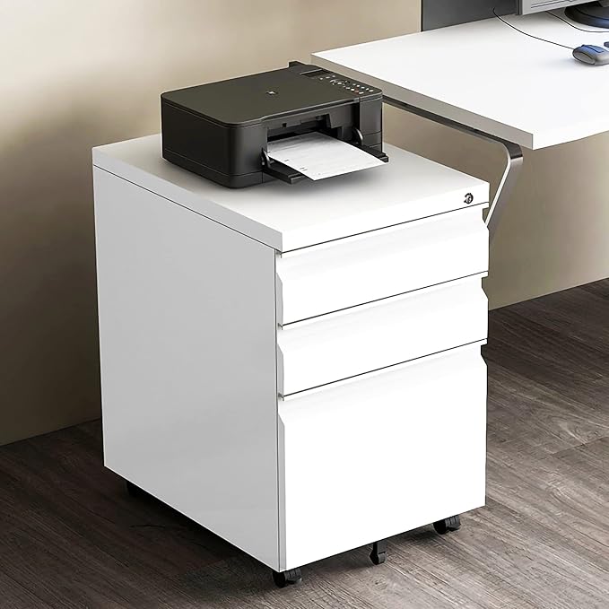 3 Drawer Mobile File Cabinet with Lock Under Desk Metal Filing Cabinet for Legal/Letter/A4 File Installation Required (White)