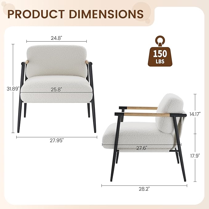 GarveeHome White Comfy Chair Set of 2 Modern Accent Chair with Metal Frame Cozy Reading Chair with Soft Cushion &amp Wood Armrest for Bedroom Living Room White Set of 2