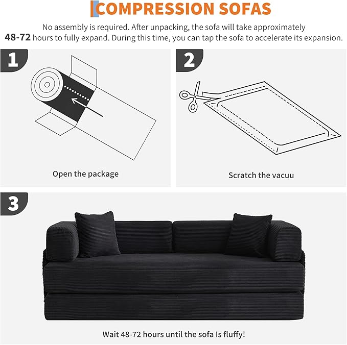 Convertible Sleeper Sofa Bed 78.8 Floor Sofa Bed 5-in-1 Folding Mattress Couch Loveseat with Fixed-Shape Frame Pillow Corduroy Fabric for Living Room Bedroom Lounge Black
