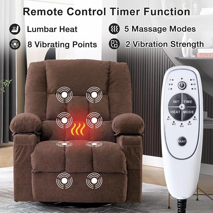 Swivel Rocker Recliner Chair with Vibration Massage and Heating Functions for AdultsOversized Recliner Single Sofa with Side PocketTwo Cup Holders and USB Charge Port for Living Room and Bedroom