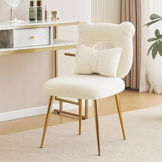 Furniliving Armless Upholstered Chair for Makeup Vanity Cute Sherpa Accent Chair for Living Room Bedroom Dressing Room Vanity Stool Chair with Back Gold Legs IvoryWhite