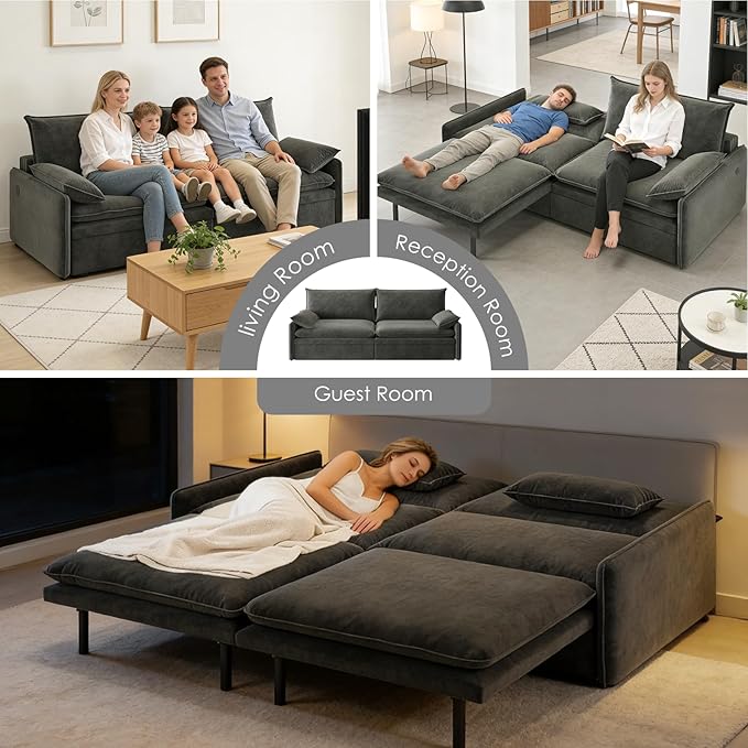 81 King Pull-Out Sofa Bed 3-in-1 Convertible Sleeper Sofa Bed with Hidden Storage &amp USB Charging Chenille Cloud Couch with Chaise Lounge for Living Room &amp Apartment Dark Grey | Pullout Cou