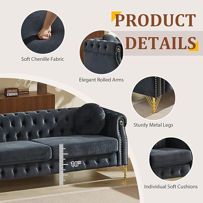 Chesterfield Velvet Button Tufted Sofa 2-Pieces 82 inch Modern 6-Deep Seater Couch Retro Style Upholstered Comfy Loveseat Sofa for Living Room Bedroom Apartment Office Black