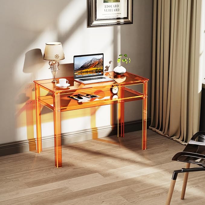 Clear Acrylic Desk with Open Storage Home Office Computer Writing Desk Office Study Table (Orange 39.4'' x 19.7'' x 29.5'')
