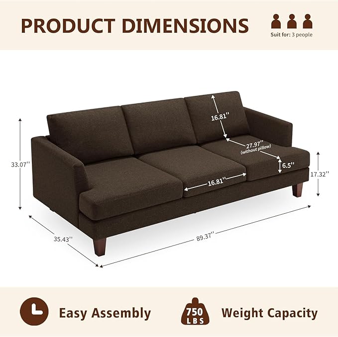 Mid Century Modern Couches for Living Room 89 Comfy Brown Couch Sofa with 3-Seater Deep Seats Upholstered Sofas for Living Room Office Apartment Bedroom