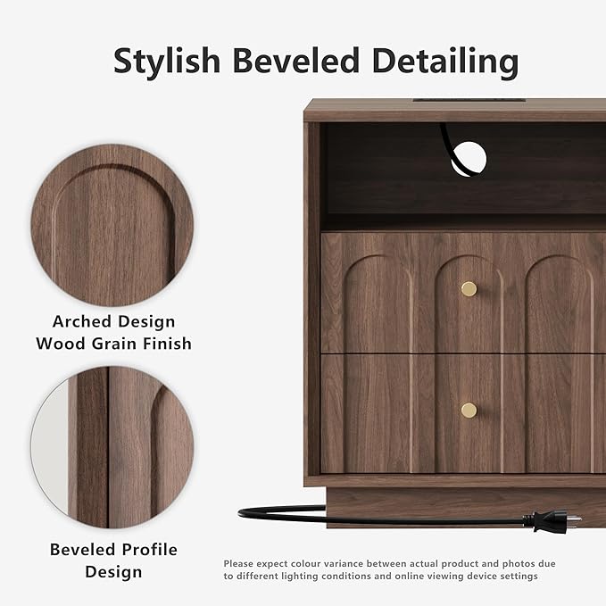 Nightstand with Charging Station Mid Century Modern Nightstand with Arched Design Minimalist End Table with Wood Grain Texture Bedside Table for Bedroom Living Room Sofa Office Walnut