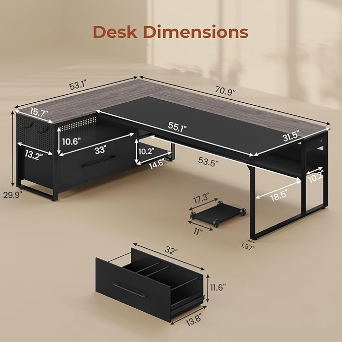 71 Executive Desk Large Office Desk with Widen File Drawers &amp Power Outlets Reversible L Shaped Computer Desk Corner Desk with Storage Shelves CPU Stand Hooks Business Furniture (Grey)