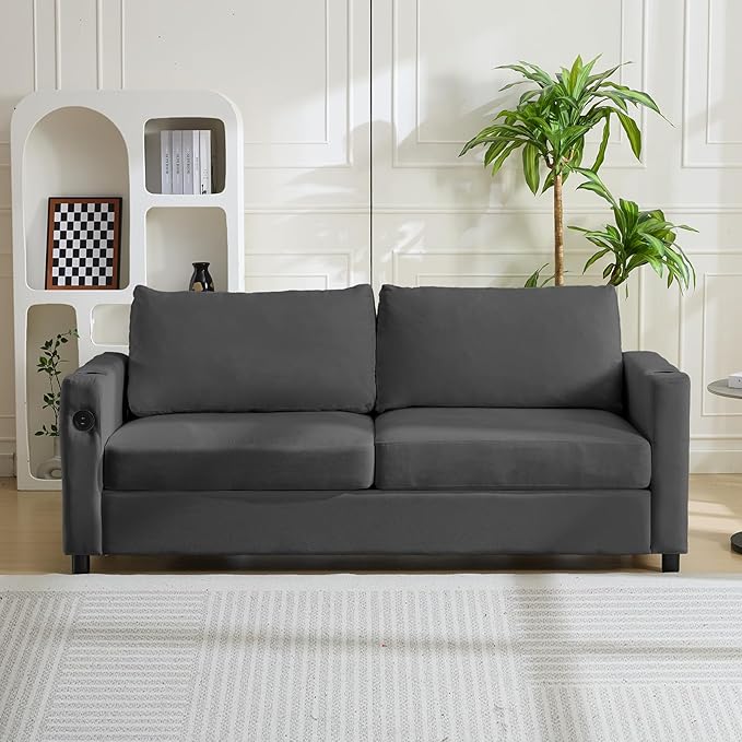 PUREMIND Queen Sleeper Sofa Couch 69 Velvet Pull Out Sofa Bed with Folding Foam Mattress 2-in-1 Sleeper Loveseat with USB &amp Cup Holders Pull Out Bed for Living Room Small Spaces Dark Grey