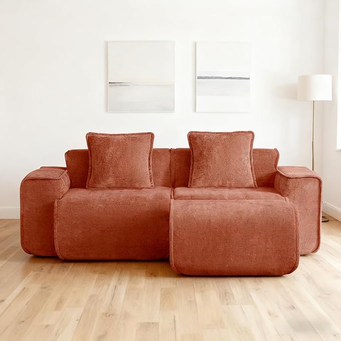 Casaphoria Red Modular Sofa 2 Seater L-Shaped Velvet Sectional with Ottoman &amp Detachable Pillows No Assembly French Piping Design 78.74 Inch Apartment Couch for Small Spaces