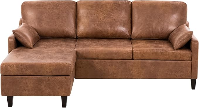 76 Sectional Sofa Couch w/Reversible Chaise Suede Leather L Shaped Sofa w/USB Charger Ports &amp Storage Bag Convertible Modern Couch w/Storage Space for Living Room Small Space Brown