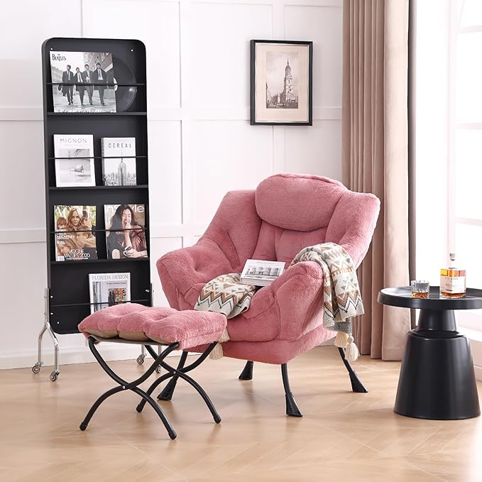 LITA Lazy Chair with Ottoman Modern Accent Leisure Upholstered Sofa Chair Lounge Reading Chairs with Armrests and a Side Pocket for Living Room Bedroom &amp Small Space Plush Dark Pink