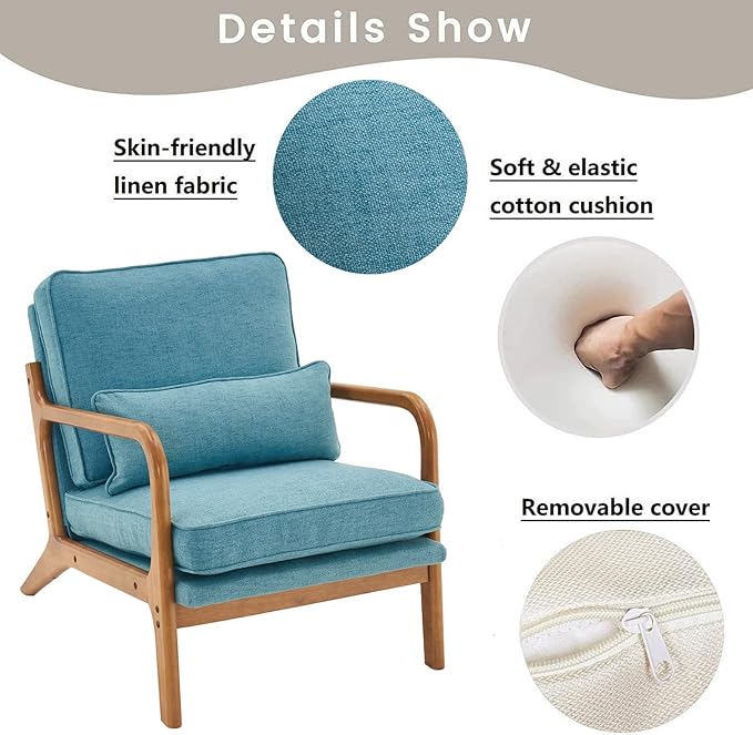Accent Chair for Living Room Mid-Century Modern Upholstered Armchair with PillowReading Arm ChairComfy Accent Chair for Bedroom