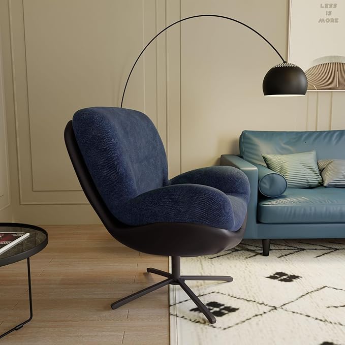 360° Swivel Chenille Chair Modern Lounge Chair with Faux Leather Accents and Black Metal Frame for Reading Nook Living Room Office