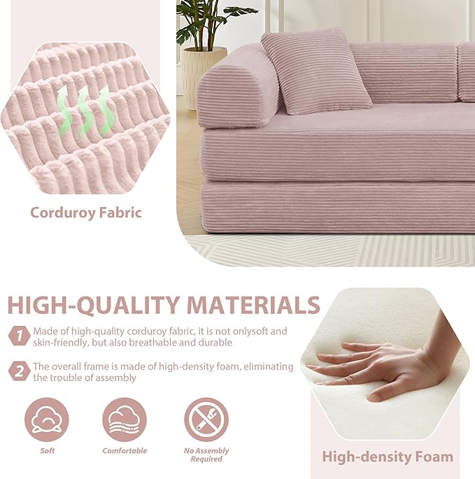 78 Convertible Sleeper Sofa Bed with Cylindrical Pillow Corduroy Folding Mattress Couch with Fixed Frame Floor Sofa Lounge Couch for Living Room Bedroom Apartment Pink