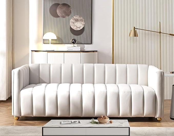 Direct Glam Fabric Upholstered Solid Wood Frame 82.7 Art Deco Sofa for Living Room Office Sophisticated 3 Seater Couch Ivory
