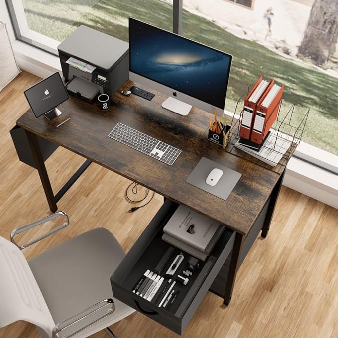 Office Desk with Power Outlet3drawers and Side Pocket Easy to AssembleFrame Stability Reversible for Home Office StudyRustic Brown