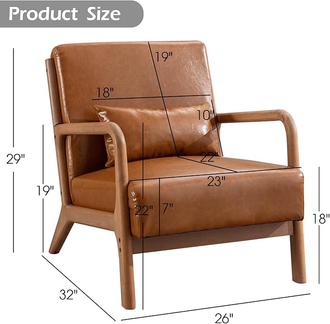 Phoenix Home Upholstered Mid Century Modern Accent Chair Set of 2 Lounge Fabric Living Room Chairs with Solid Wood Frame and Waist Cushion Reading Armchair for Bedroom Brown
