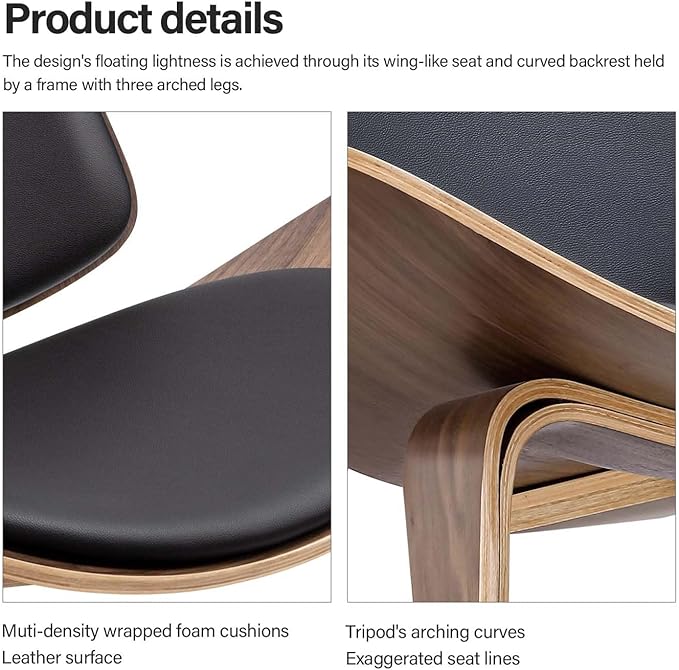 Mid Century Modern Shell Lounge Chair PU Leather Tripod Plywood Classic Design Solid Wood Accent Chairs for Living Room Reading Lounge Office Salon