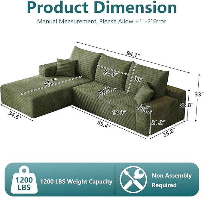 95 Modular Sectional Couch Boneless L Shaped Cloud Sofa with Chaise Lounge Corduroy Upholstered Couches Memory Foam Deep Seat No Assembly Required Ideal for Living Room(Green Left Facing)