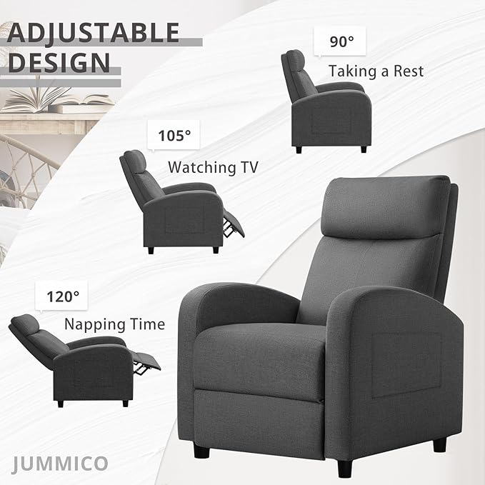 JUMMICO Recliner Chair Adjustable Home Theater Single Recliner Sofa Furniture with Thick Seat Cushion and Backrest Modern Living Room Recliners (Fabric Aurora Grey)