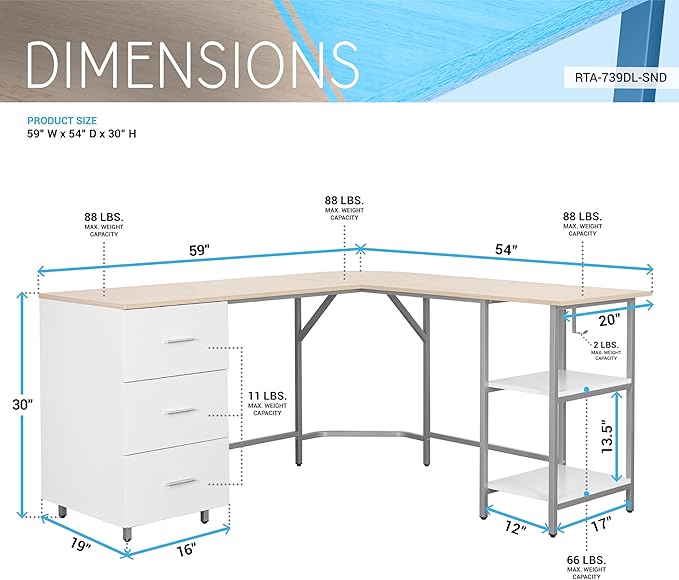 Techni Mobili L Shaped Desk - Two-Toned Computer Desk with Drawers &amp Storage Shelves - Simple Modern Furniture &amp Home Office Space Corner Table for Work &amp Writing