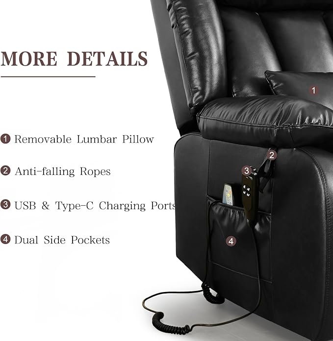 Infinite Position Lay Flat Lift Recliner Chair for Adults Dual Motor Power Lift Chair for Elderly with Massage &amp Heating Extended Footrest USB Ports Remote Control &amp Lumbar Pillow Leather