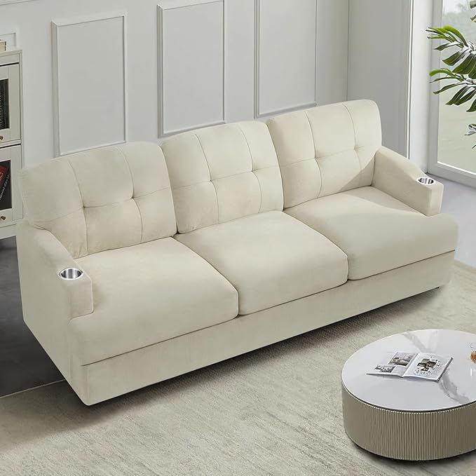 89 Chenille 3 Seats Sofa with Built-in Cup Holder Tufted Modern Couch with Thickened Seat Cushions Soft Upholstered Sofa with Deep Seating Space for Living Room Apartment Beige