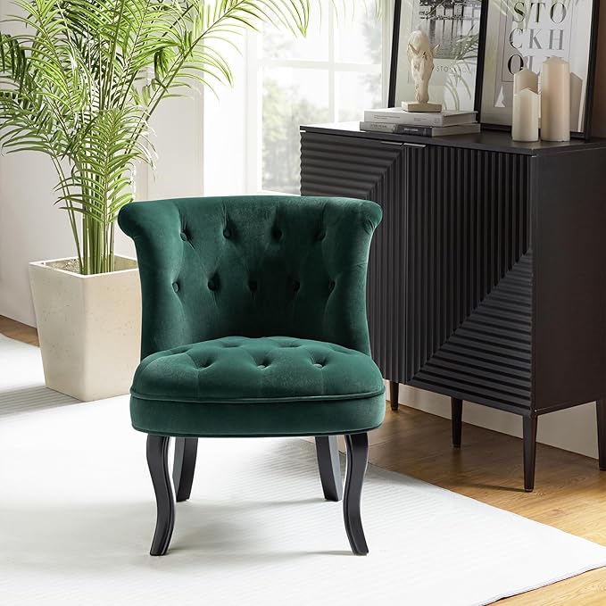HULALA Home Velvet Accent Chair Modern Upholstered Fabric Armless Wingback Chair with Solid Wood Legs Comfy Tufted Vanity Club Chair for Reading Living Room Bedroom Guest Room Pine Green