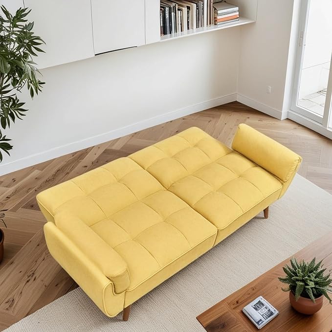 Convertible Futon Sofa Bed Modern Futon Couch with 2 Pillows Small Futons Couch with Adjustable Armrest &amp Backrest Loveseat Sofa Bed for Living Room Bedroom Yellow