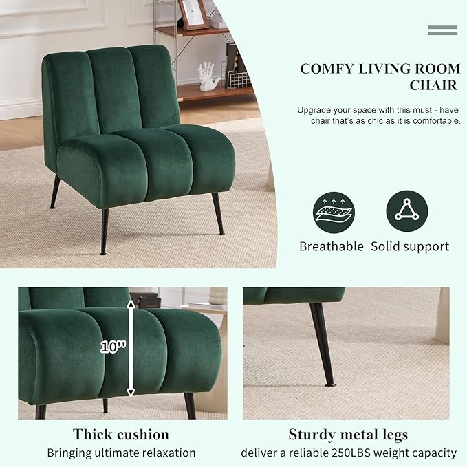 Modern Accent Chair Velvet Upholstered Fuzzy Club Chairs with Tufted Design Comfy Living Room Chair with Metal Legs Padded Reading Chair for Reading Room (Green-Velvet)