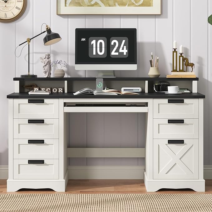 60 Farmhouse Executive Desk with 8 Drawers Wood Computer Desk with Keyboard Tray and Charging Station Home Office Desk Writing with File Drawer Fits A4 Size for Work and Study White and Black