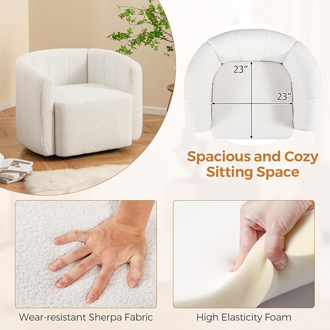 GOFLAME Swivel Barrel Chair Upholstered Sherpa Accent Chair with Curved Backrest &amp Armrests Reading Armchair Modern Club Tub Sofa Chair for Living Room Bedroom Study