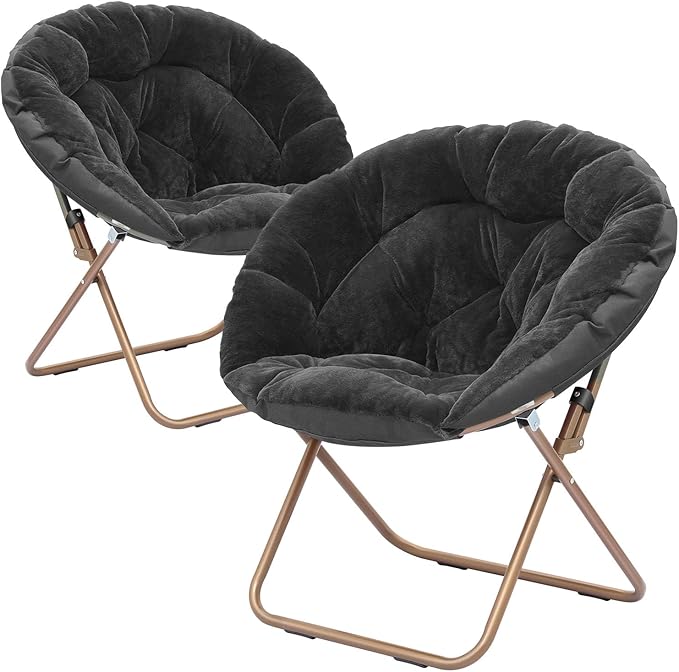 Cozy Saucer Chair Living Room Chair Faux Fur Soft Thick Padded Seat Metal Frame Folding Chair Comfortable Moon Chair for Living Room Bedroom Reading Nook Modern Style 2 Pack Black