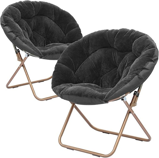 Cozy Saucer Chair Living Room Chair Faux Fur Soft Thick Padded Seat Metal Frame Folding Chair Comfortable Moon Chair for Living Room Bedroom Reading Nook Modern Style 2 Pack Black