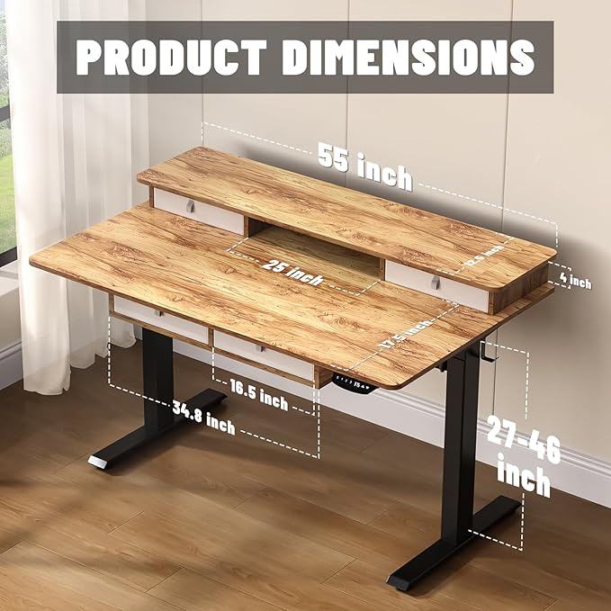 55 * 30 Inches Electric Standing Widened Desk Adjustable Height with 4 Drawers Double Storage Shelves Stand Up Desk Home Office Workstation Sit Stand up Desk (Light Rustic Brown)