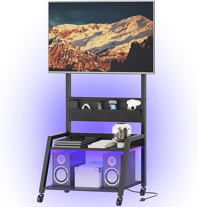 Rolling TV Stand with Power Outlet Mobile TV Stand with LED Light Up to 55 TVs TV Cart with Mount 5 Oxford Fabric Pouches for Living Room Meeting Room Black DS01UDBB