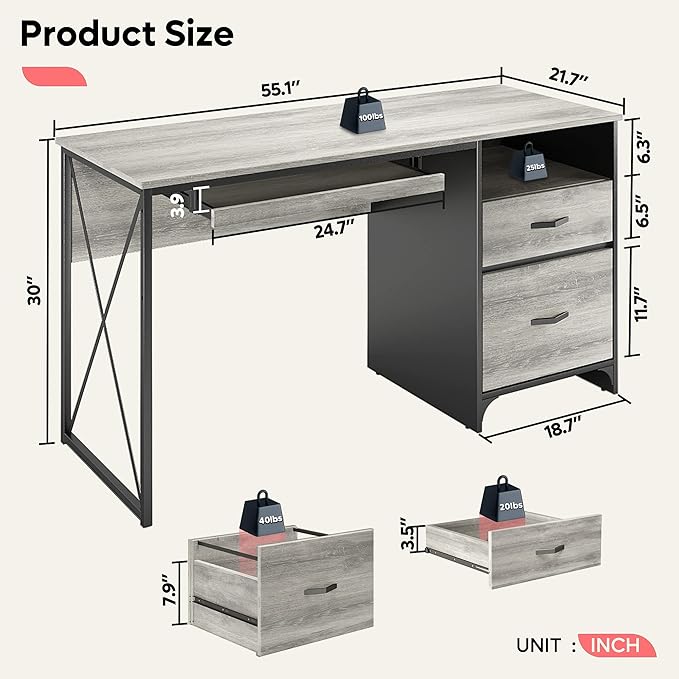 Bestier Office Desk with Drawers 55 inch Industrial Computer Desk with Storage Wood Teacher Desk with Keyboard Tray &amp File Drawer for Home Office Light Gray Oak