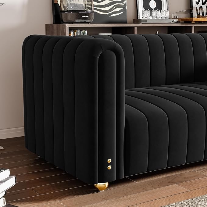 81.3'' Black Velvet Sofa Couch with Gold Metal Ball Legs Modern Mid Century Oversized 3-Seater Loveseat Comfy Couches for Living Room Office and Apartment