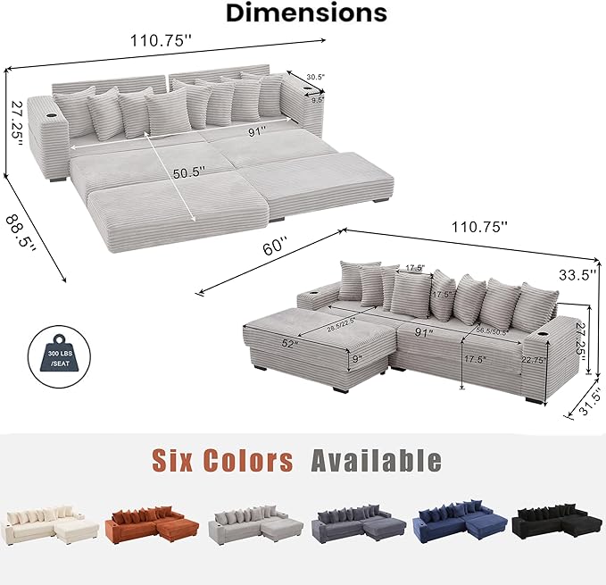 111 Inch Sleeper Sofa Bed | Convertible Cloud Sectional Couches for Living Room | L-Shaped Couch with Cup Holder Side Pocket 8 Pillpws | Light Grey
