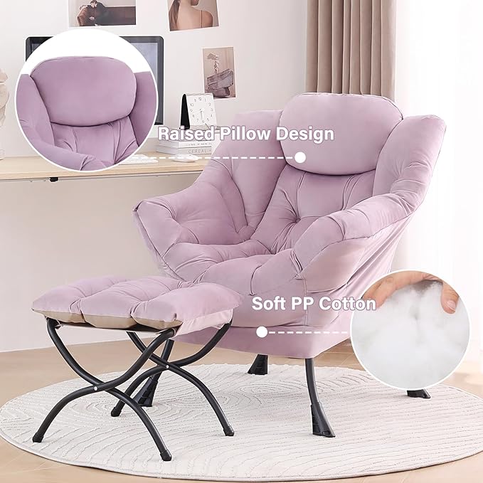 Tiita Lazy Chair with Ottoman Purple Modern Large Accent Armchair Comfy Leisure Sofa Reading Chair with Footrest for Bedroom Living Room Dorm Rooms Garden Velvet Light Purple