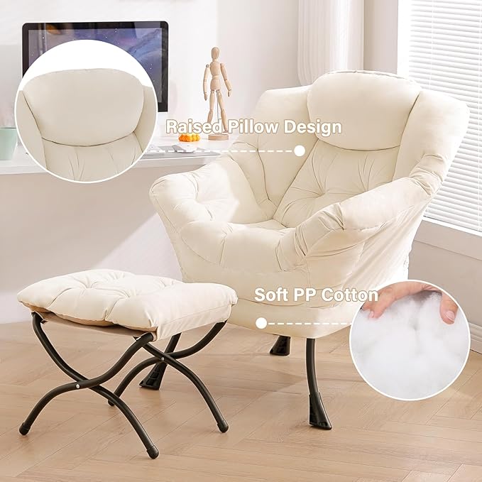 Tiita Lazy Chair with Ottoman Beige Modern Large Accent Chair Comfy Leisure Sofa Armchair with Ottoman Reading Chair with Footrest for Bedroom Living Room Dorm Rooms Velvet Beige