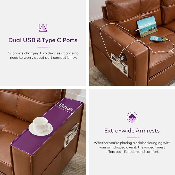 TYBOATLE 88 W Faux Leather Couches for Living Room w/Side Pockets Mid-Century Modern Tufted Comfy Leather Couch w/USB and Wider Arms 3 Seater Sofa for Office Apartment Bedroom