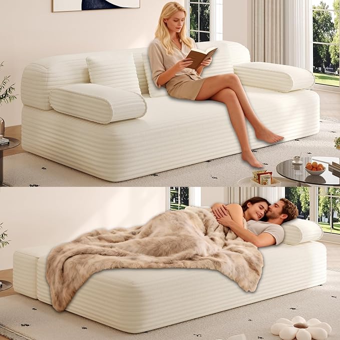 79'' Convertible Sofa Bed Queen with Super Wide Arms Boneless Foldable Couch Bed with 3 Pillows for Adults Corduroy Folding 3 Seater Sofabed with Comfortable Seat for Living Room Bedroom (Beige)