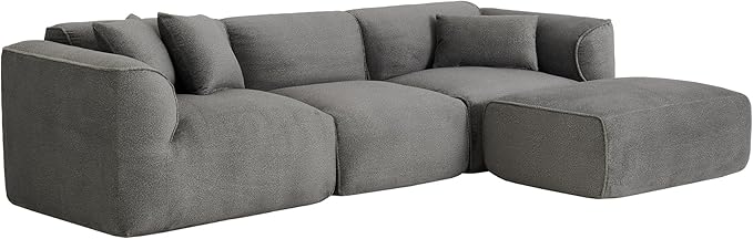 Luxury Living Room Double-Needle Cut Velvet Sofa 4-Seater with Pure Sponge Seat Cushions A Detachable Footstool and 3 Throw Pillows L Shaped Polyester Sofa for Living Rooms (Gray-EK99)