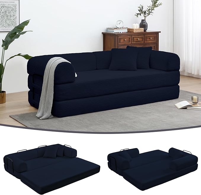 JJJ 63 inch Sofa Bed 4-in-1 Boneless Convertible Corduroy Sleeper Folding Couch with Fixed-Shape Frame and 2 Futons No Assemble Required 3 Seater Upholstered for Living Room (Blue 63 inch)