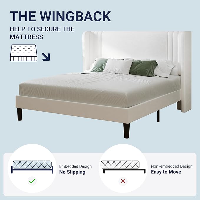 Allewie Full Size Velvet Platform Bed Frame with Vertical Tufted Wingback Headboard Easy Assembly Under Bed Storage No Box Spring Required Modern Style White