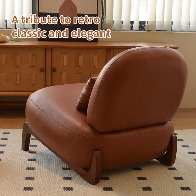 KEIKI Accent Chair with Solid Wood Legs Faux Leather Single Seat Sofa for Living Room or Bedroom Comfy Armless Reading Chaise Lounge Brown