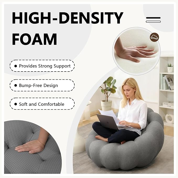 Bean Bag Grey Chair for Bedroom Small Comfy Chairs for Living Room Small Space Comfortable Corner Reading Chair for Adults/Teens No Assembly Required 350 LBS Capacity (Grey)